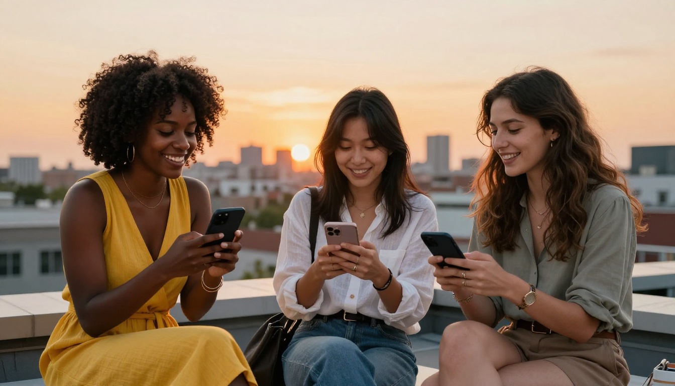 Diverse group of three women friends laughing on rooftop terrace at golden hour with city skyline
