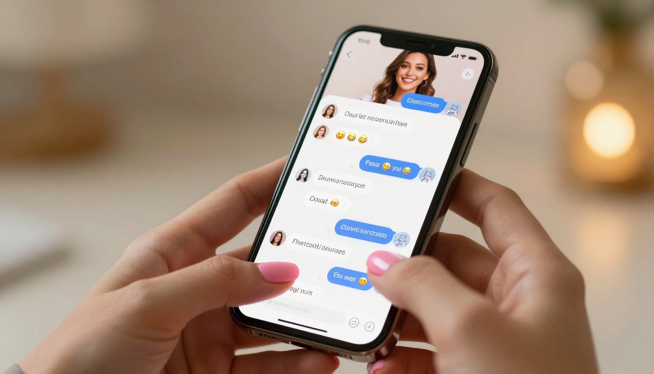 Close-up of smartphone screen showing warm playful AI companion chat, held in delicate feminine hands