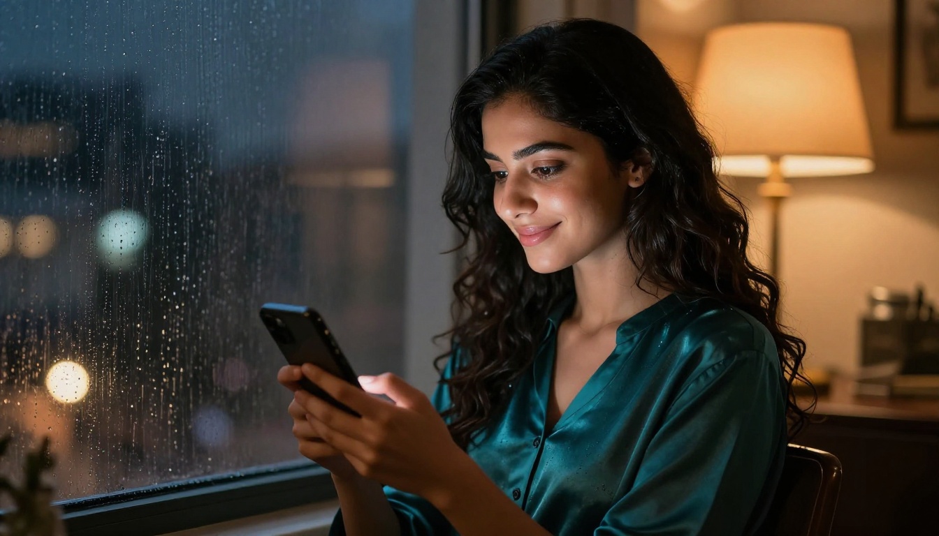 Middle Eastern woman sitting by rain-streaked window at night smiling softly at phone in warm lamp light