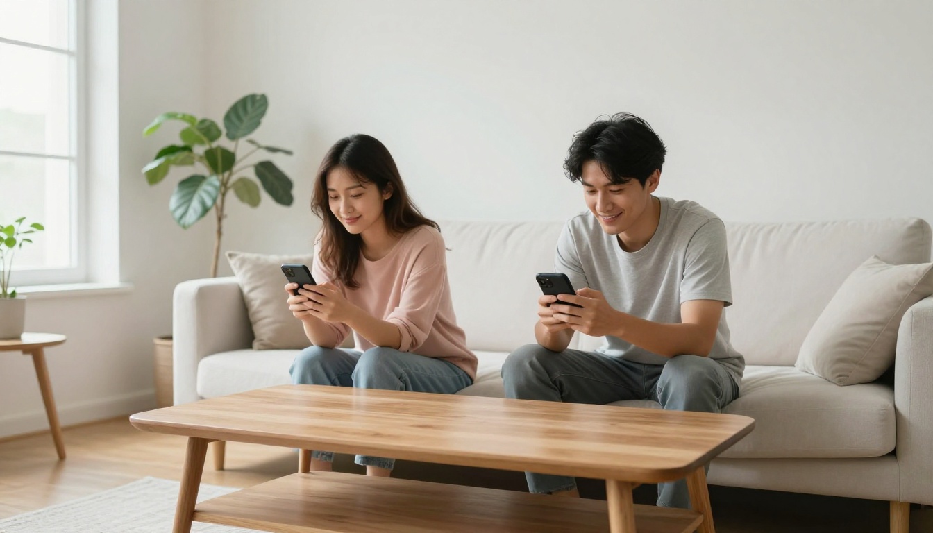 Young couple sitting on opposite sides of a coffee table each on their phones sharing quiet smiles in a bright minimalist apartment