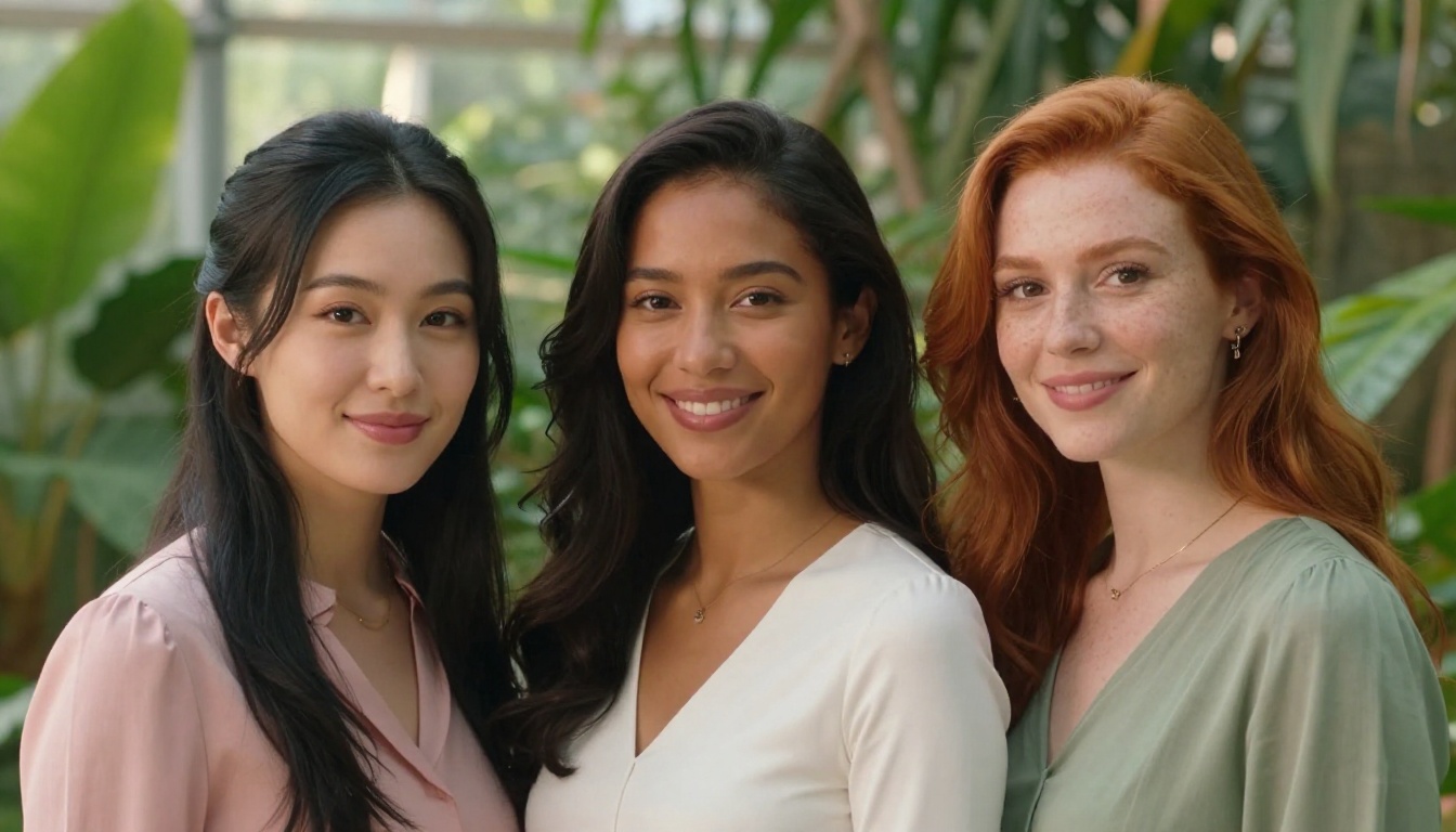Three beautiful diverse women of different ethnicities in a botanical garden setting, warm natural light