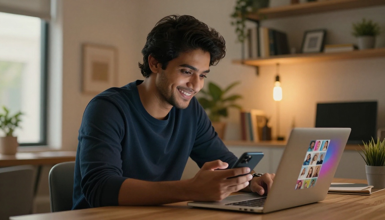 South Asian man at modern home office desk browsing AI companion gallery with a relaxed, confident smile
