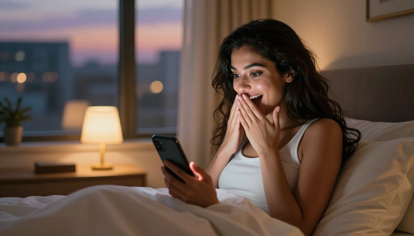 Middle Eastern woman on bed holding phone with an expression of joyful excited discovery, warm intimate lighting