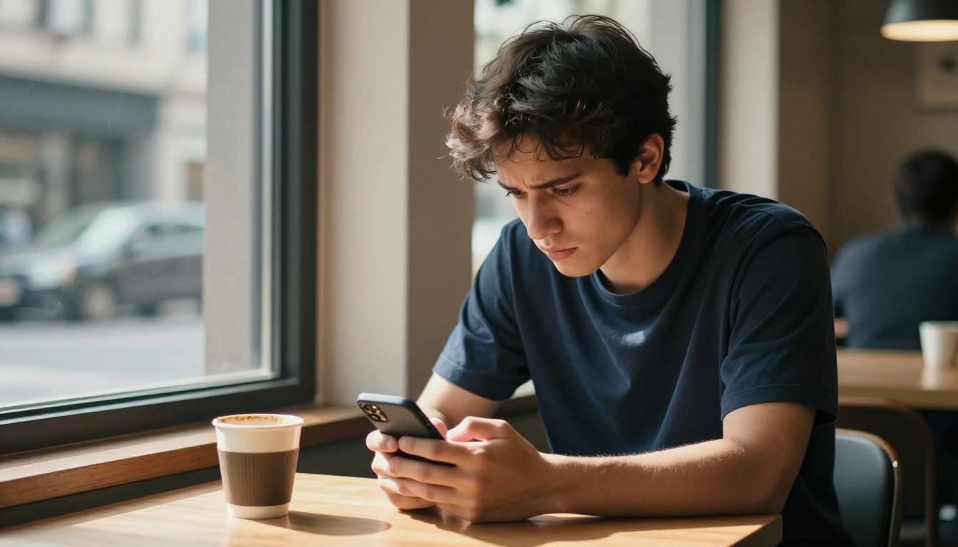 A man sitting alone at a café, disappointedly staring at a dating app on his phone with no matches, window light, authentic candid moment, 8K photorealistic