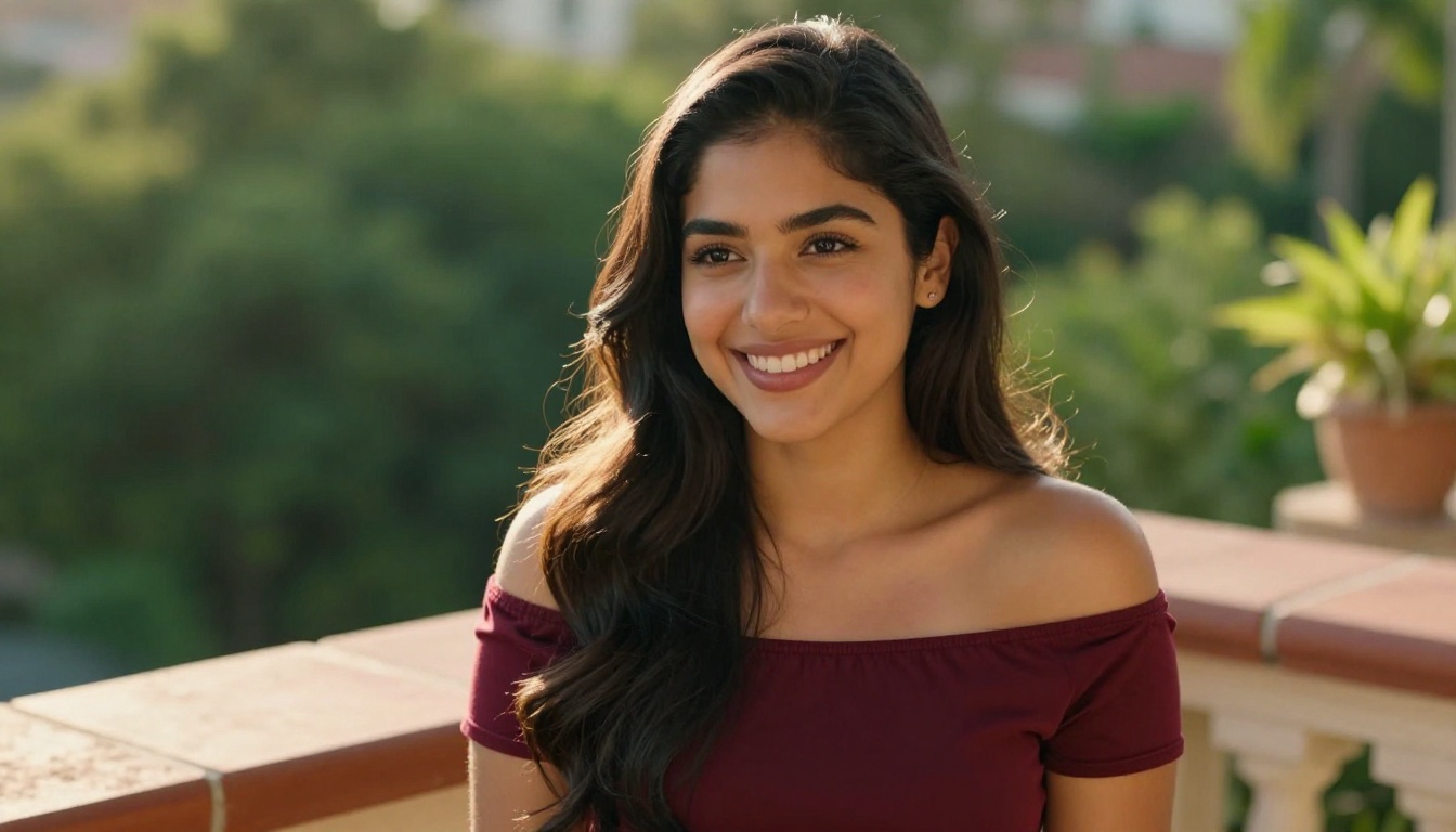 A strikingly beautiful Latina woman on a sun-drenched balcony smiling with genuine warmth, dark glossy hair, golden afternoon light, Canon 85mm photorealistic portrait