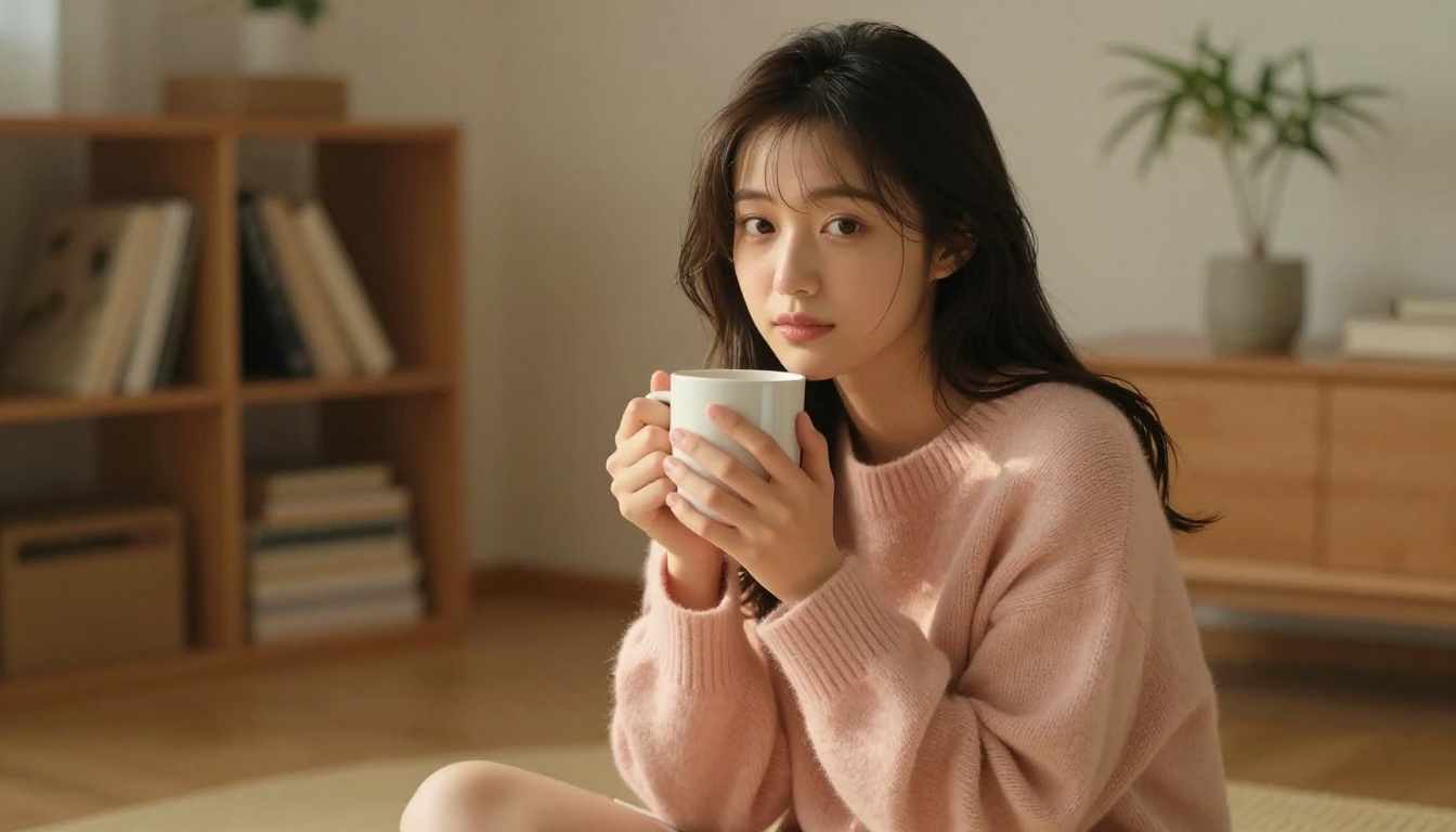 A beautiful Japanese woman sitting cross-legged in a warm minimalist living room holding a ceramic mug, soft amber light, intimate and trusting expression, 8K photorealistic