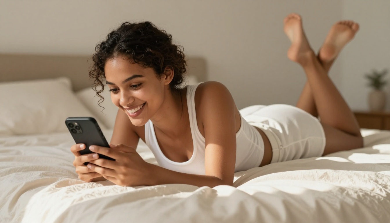 A young woman with caramel-brown skin and curly hair lying on a bed, smiling brightly at her phone, morning light on linen sheets, genuine joy, 8K photorealistic