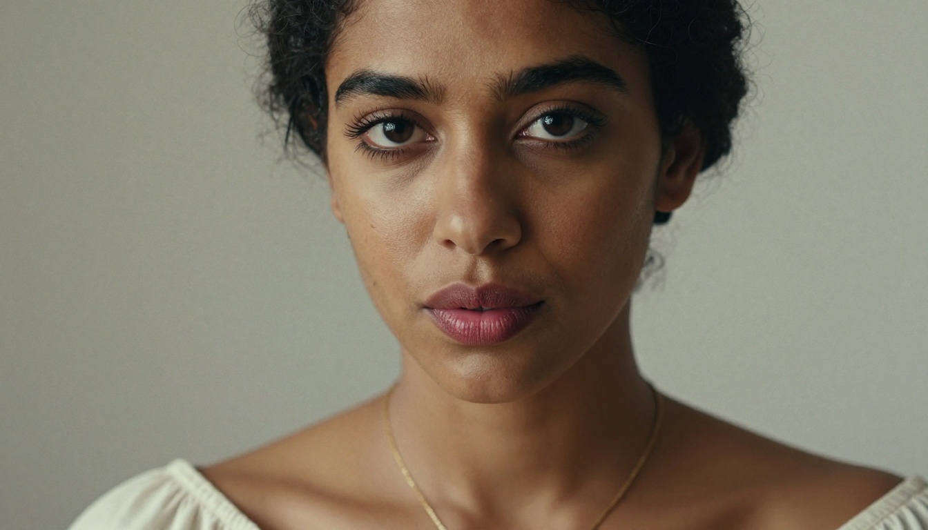 A close-up intimate portrait of a Middle Eastern woman with olive skin and dark almond eyes, quiet confidence, 85mm lens, studio natural light, Kodak Portra 800 grain, 8K