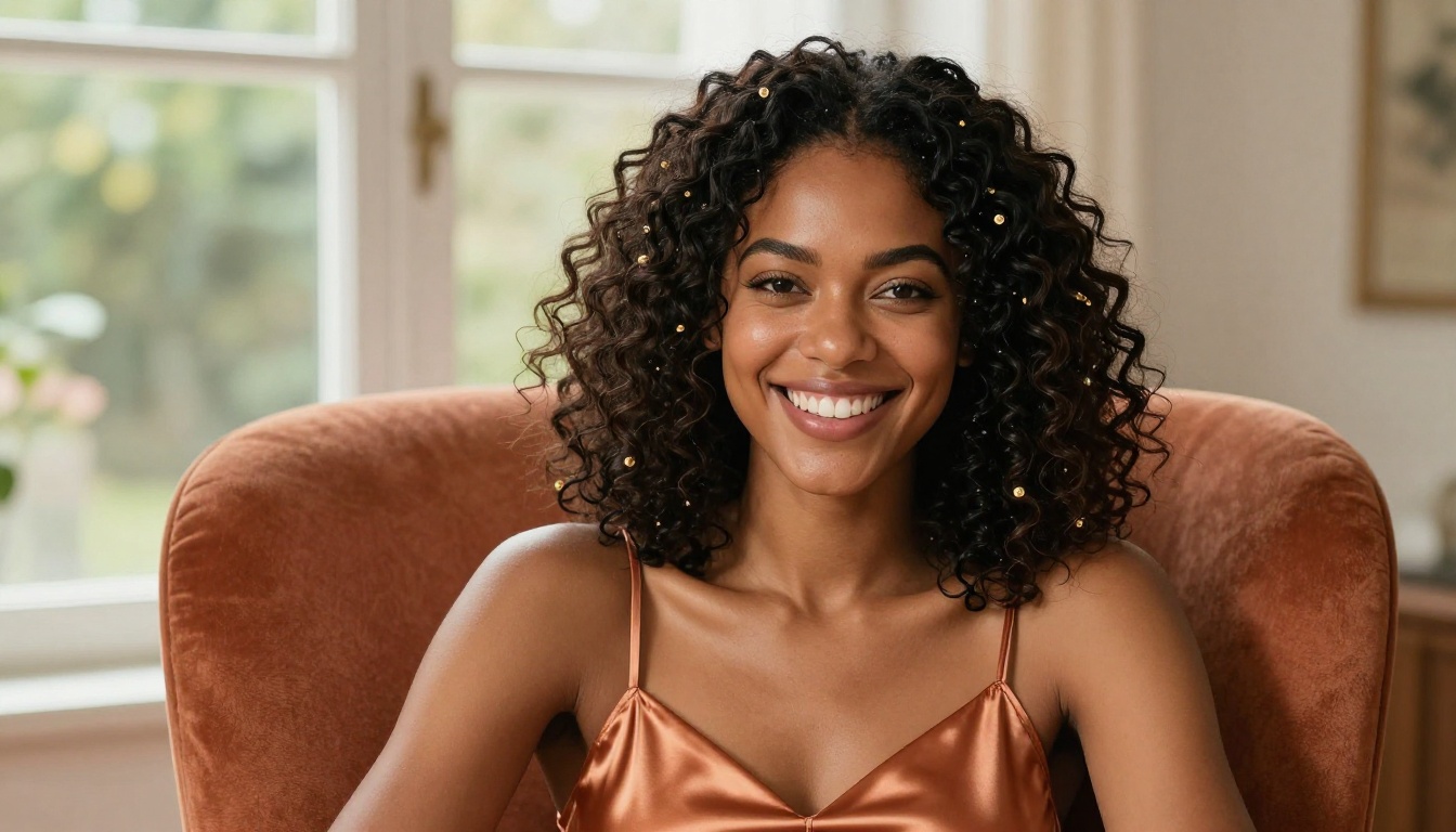 A radiant woman with rich dark brown skin and natural coiled hair in a copper satin camisole, sitting in a terracotta armchair, brilliant warm smile, 85mm f/1.8, natural afternoon light, 8K photorealistic