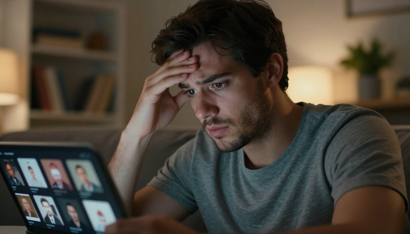 Frustrated man overwhelmed by dating apps at night Frustrated man overwhelmed by dating apps at night