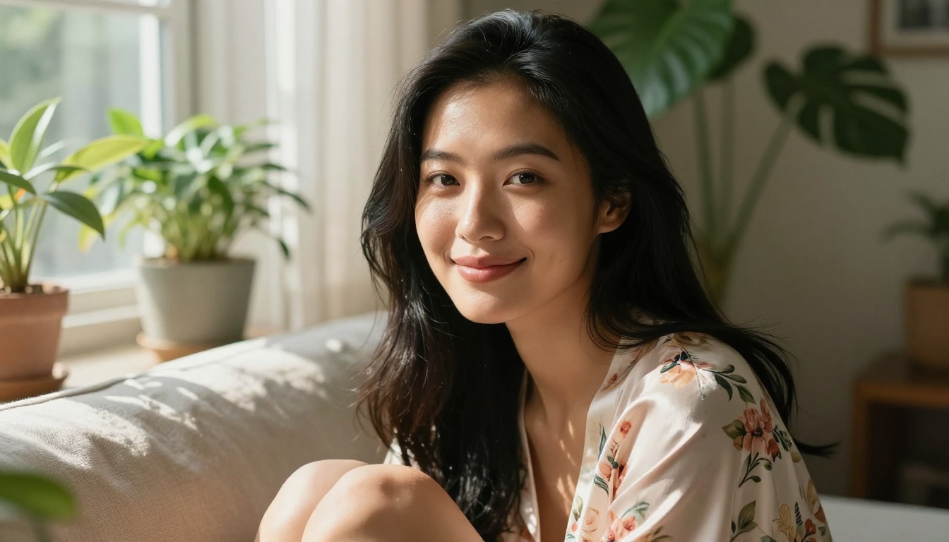 Asian woman in morning sunlight with warm intimate expression Asian woman in morning sunlight with warm intimate expression