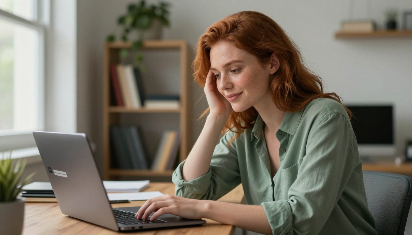 Auburn-haired professional woman smiling at laptop AI interface Auburn-haired professional woman smiling at laptop AI interface