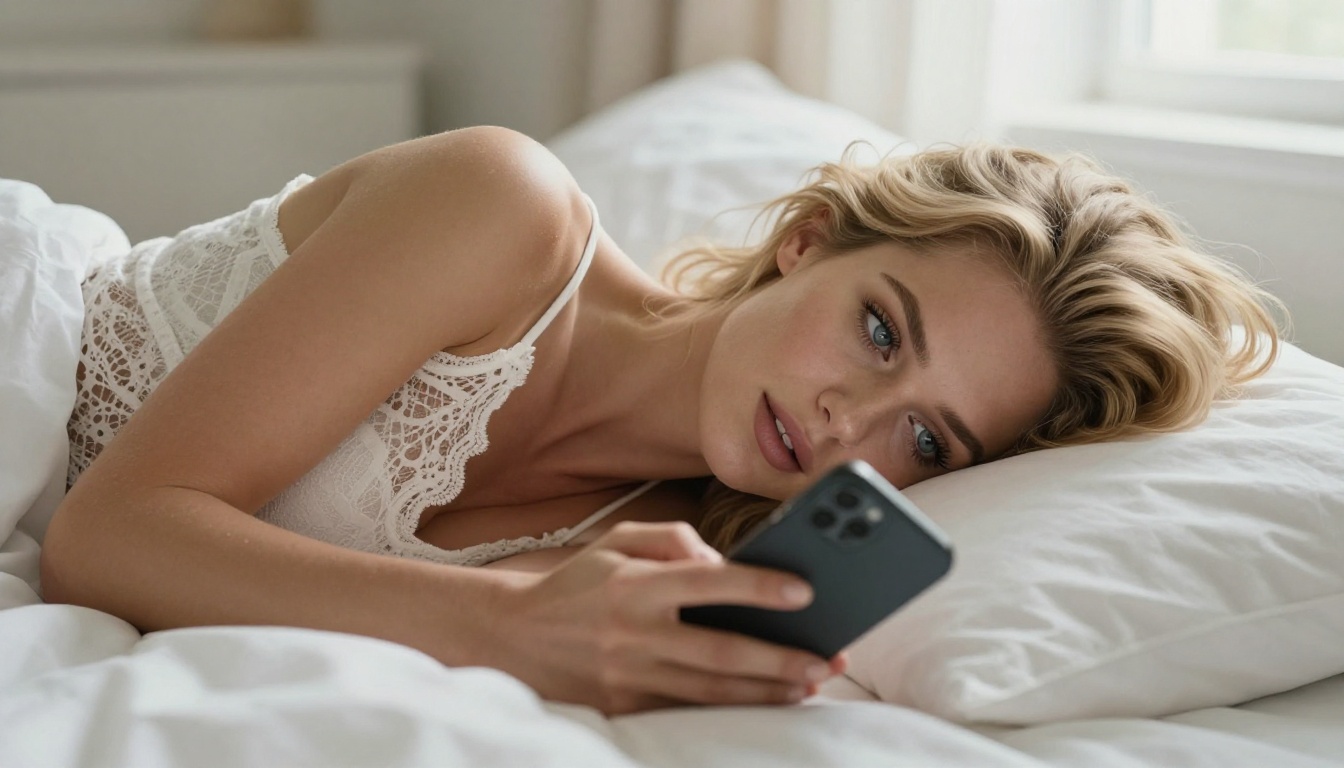 European woman with dreamy expression on soft white bed with phone European woman with dreamy expression on soft white bed with phone
