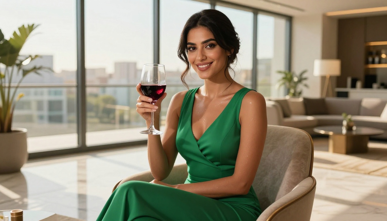 Confident Middle Eastern woman in emerald dress with city view Confident Middle Eastern woman in emerald dress with city view
