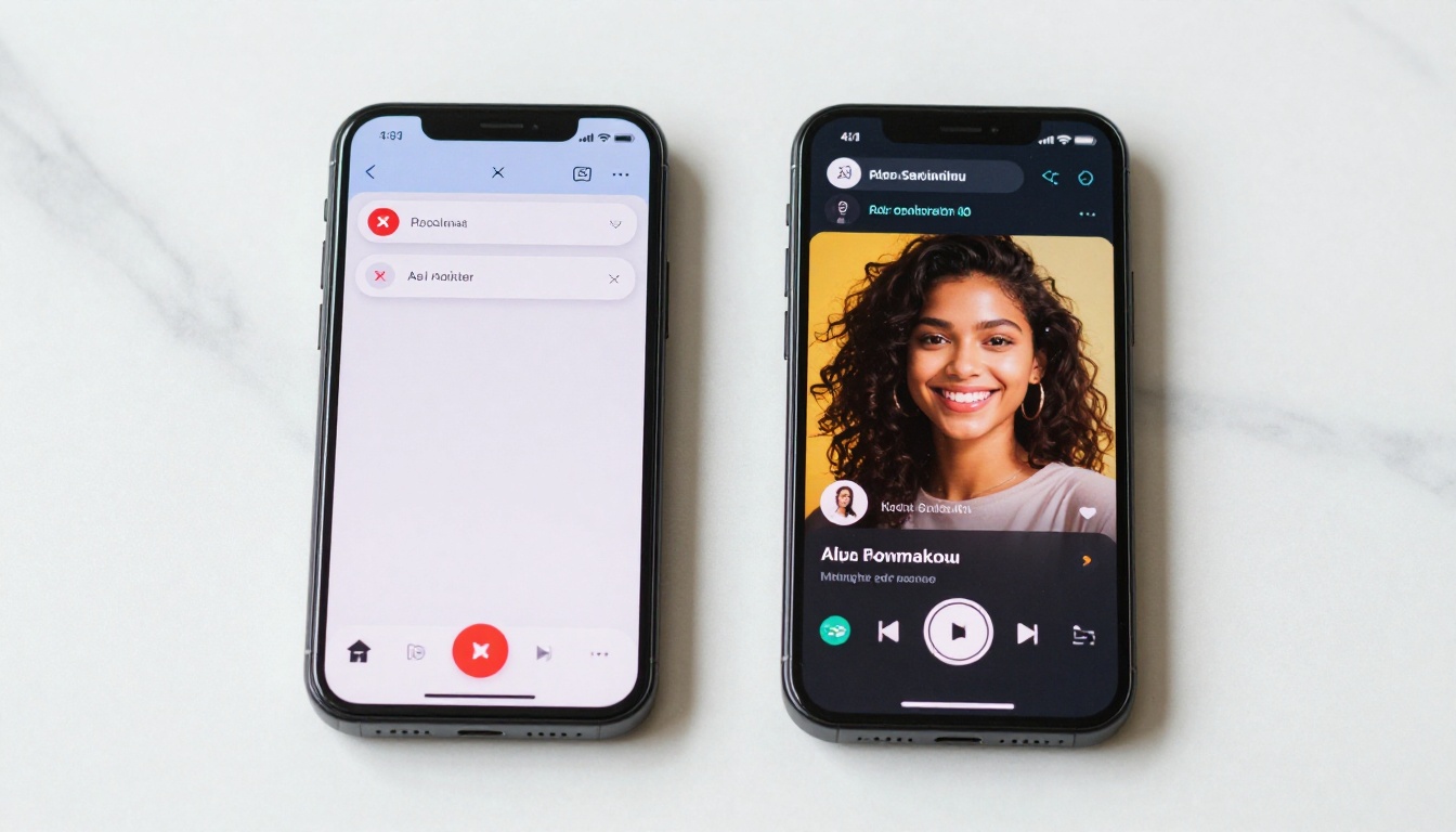 Two smartphones side by side comparing dating app vs AI companion interface Two smartphones side by side comparing dating app vs AI companion interface