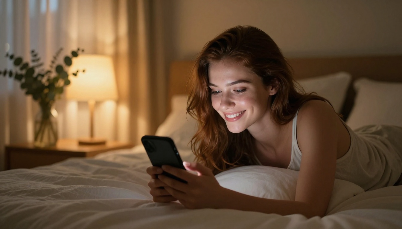 Beautiful woman lying in bed at night, smiling softly at her phone bathed in warm amber lamplight