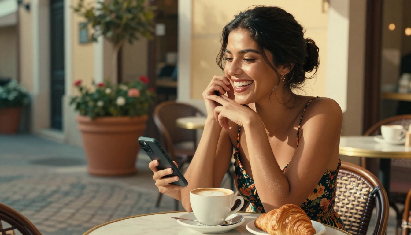 Latina woman relaxed and laughing at an outdoor cafe, genuinely enjoying a conversation on her phone
