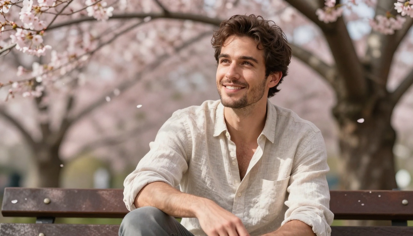 Man sitting on a sunlit park bench surrounded by blooming cherry blossoms, warm afternoon light