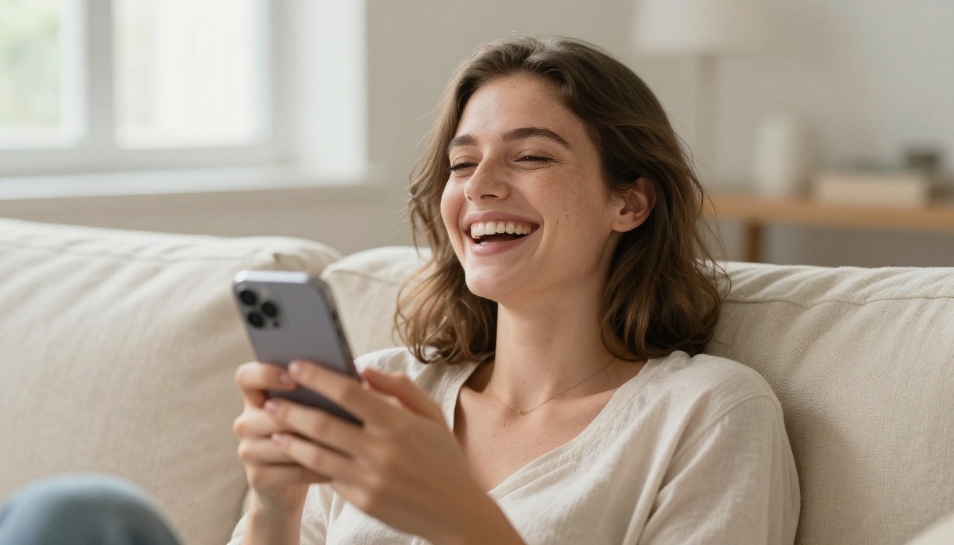 Woman laughing with genuine joy, holding her phone close to her chest in a bright minimalist apartment