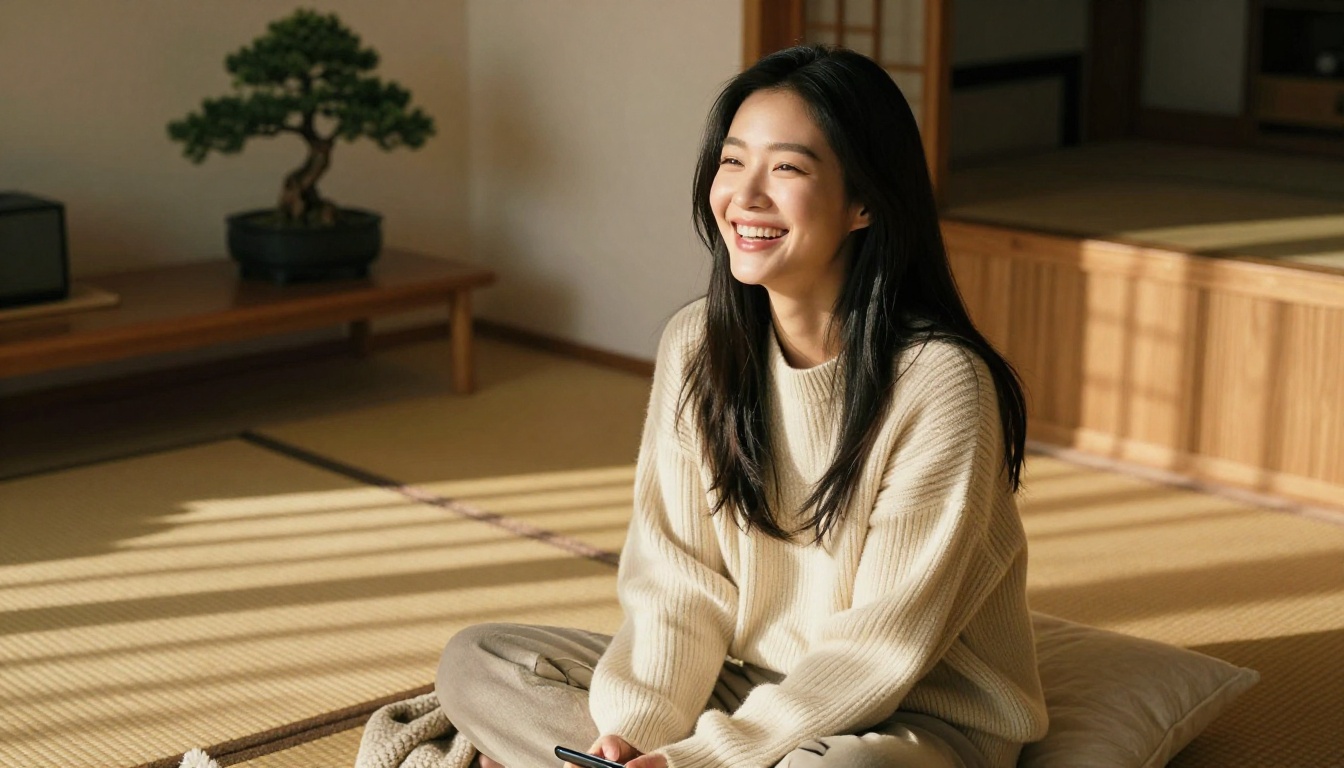 Asian woman laughing freely on her apartment floor in warm afternoon light, fully engaged with her phone