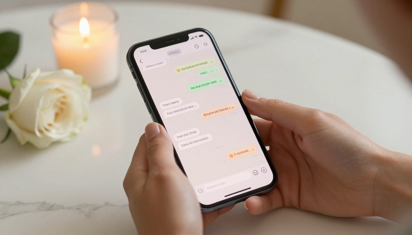 Smartphone on cream marble table showing intimate chat interface, white rose and candle softly blurred in background