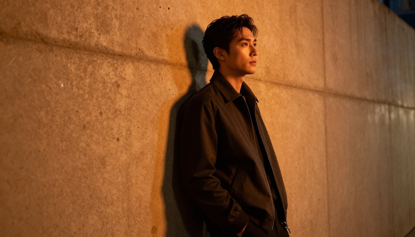 Handsome man with expressive dark eyes leaning against textured concrete wall at dusk, warm city rim lighting