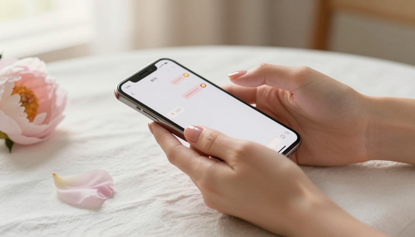 Close-up of elegant hands holding a smartphone with a glowing AI chat interface, warm morning light