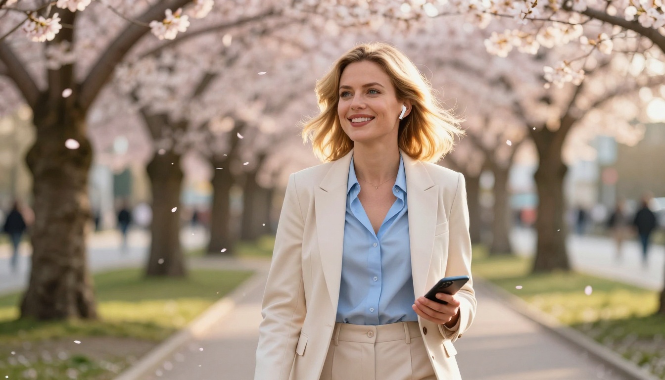 European woman walking through a cherry blossom park with wireless earbuds, smiling warmly mid-conversation