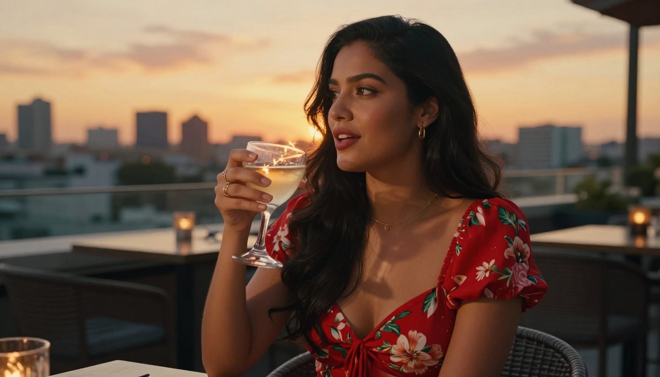Stylish Latina woman in red floral dress at a rooftop restaurant, vibrant golden sunset sky with city silhouettes in background