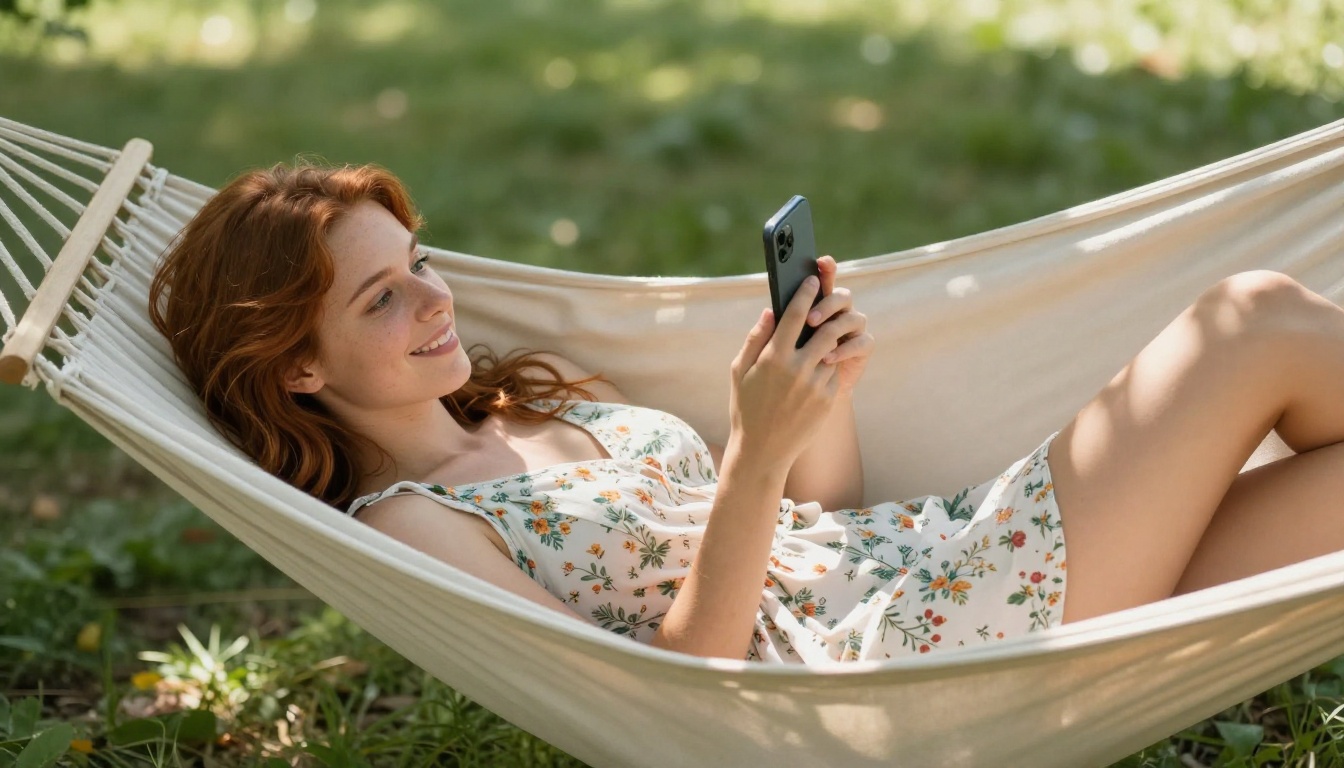 Young European woman with auburn hair relaxing in a white hammock in a sunny garden, scrolling her phone with a joyful expression