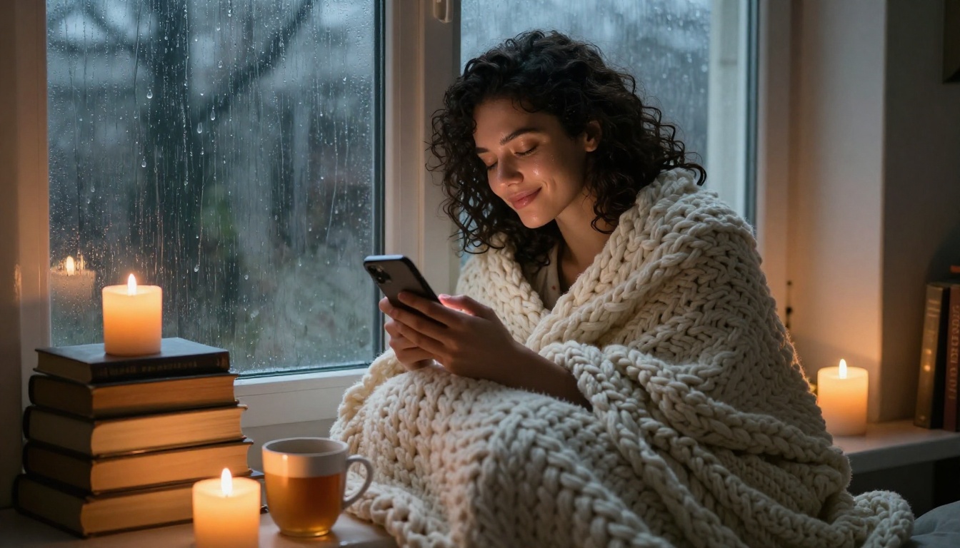 Woman wrapped in a chunky knit blanket in a reading nook, phone resting on her chest, serene and content