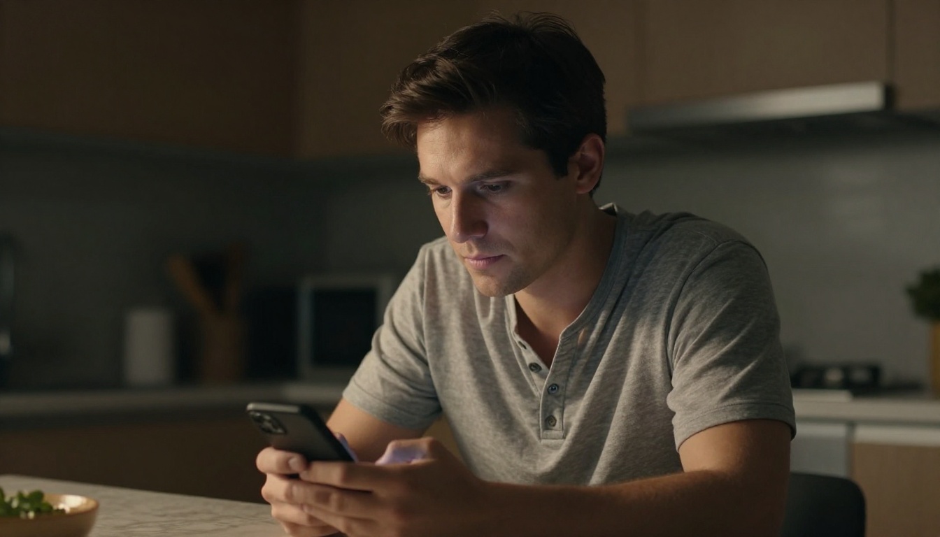 Thoughtful man sitting at a modern kitchen island late at night typing on his phone, warm amber under-cabinet lighting, focused intimate expression