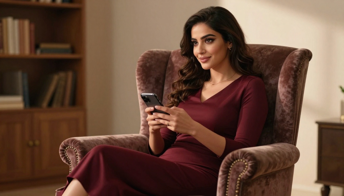 Middle Eastern woman with dark almond eyes in a burgundy dress seated in a velvet armchair, warm volumetric lamplight, confident and content expression