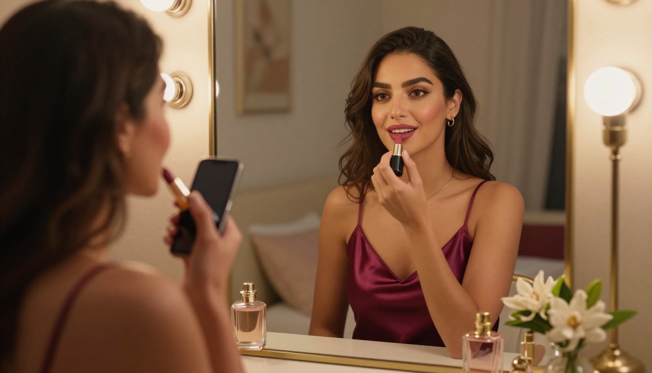 Middle Eastern woman at a glamorous vanity mirror, smiling at her phone propped against the glass in warm golden light