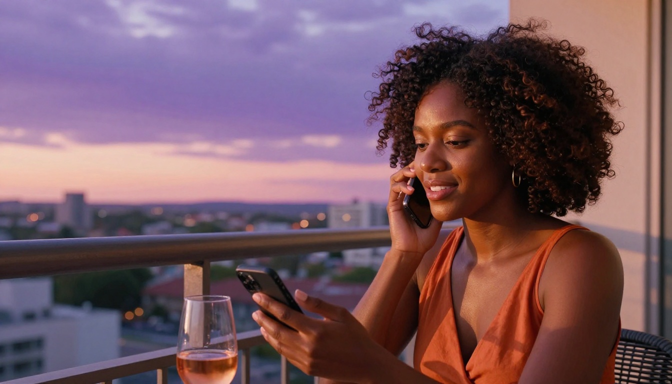 African American woman on her balcony at sunset, smiling softly into an AI conversation on her phone