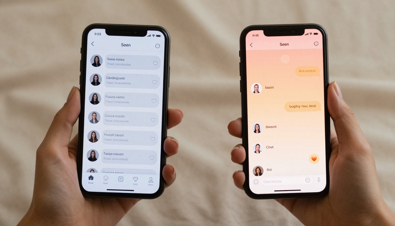 Two phones side by side: a dating app with unanswered messages vs. an active AI chat with warm responses