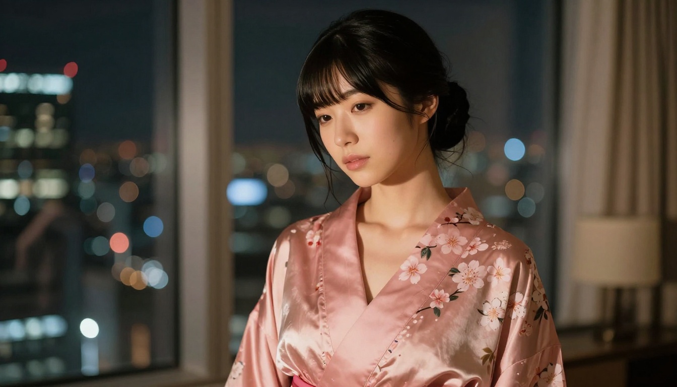 Japanese woman in pink silk kimono robe standing by Tokyo apartment window at night with blurred city lights bokeh