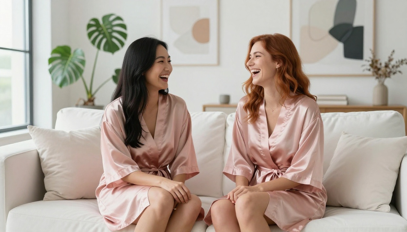 Two women in blush pink satin robes laughing together on white sofa in bright minimalist living room