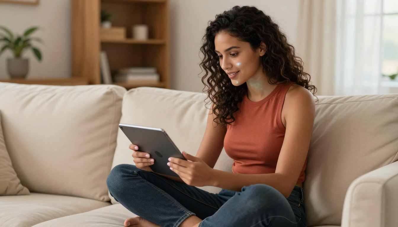 Beautiful Latina woman browsing AI portrait gallery on tablet