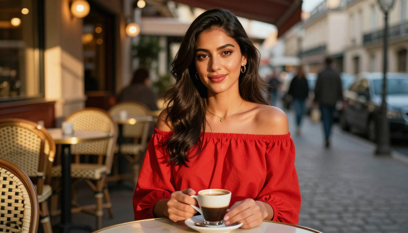 Beautiful Middle Eastern woman at outdoor Parisian-style cafe during golden hour