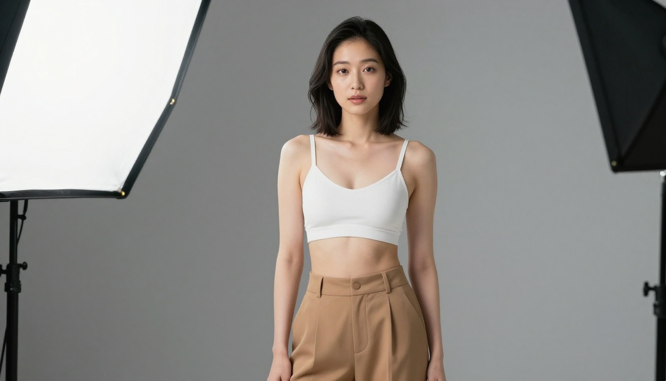 Beautiful Japanese woman in professional studio with clean octagon softbox lighting
