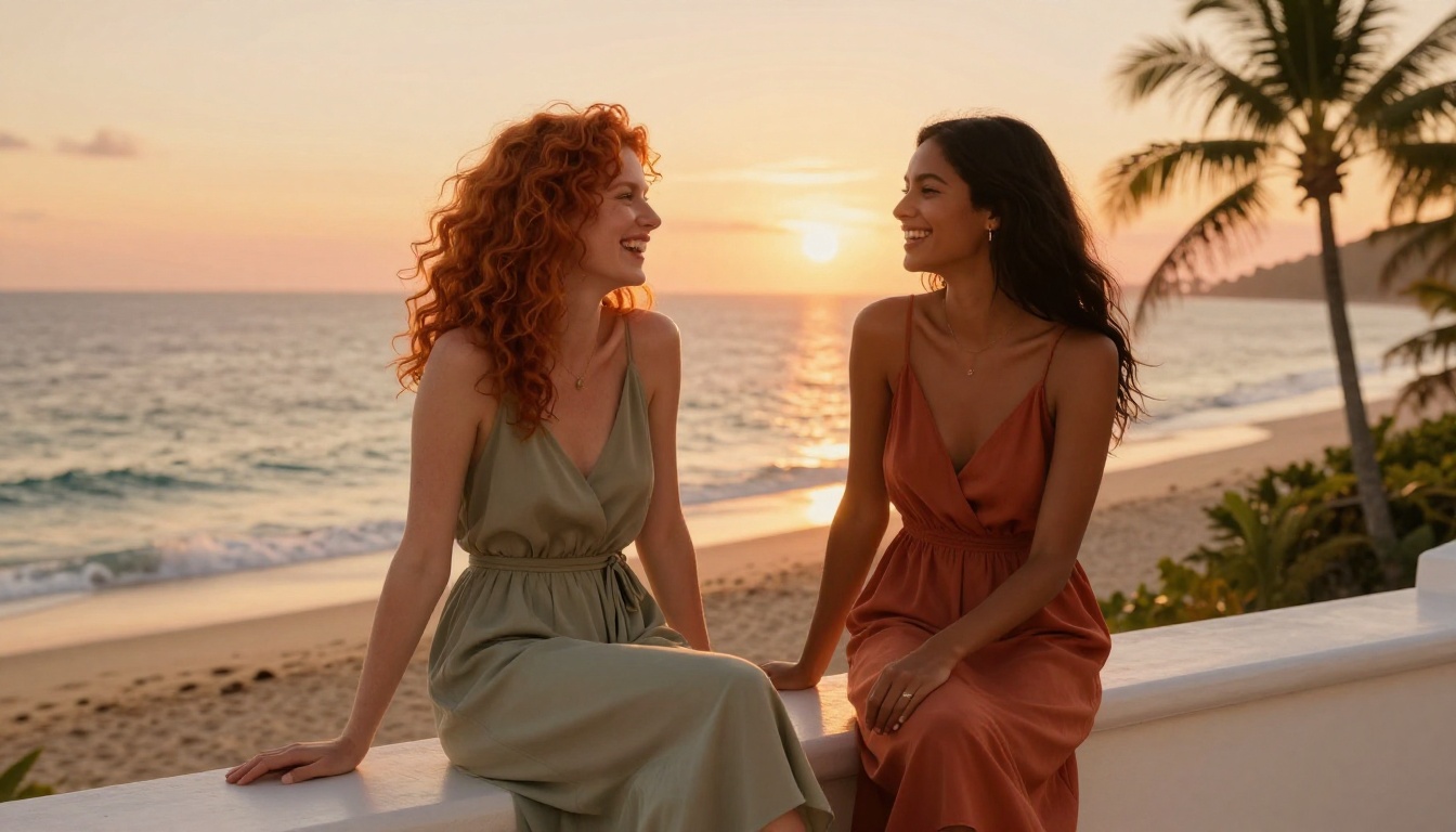 Two beautiful diverse women laughing together on tropical beach balcony at golden hour sunset
