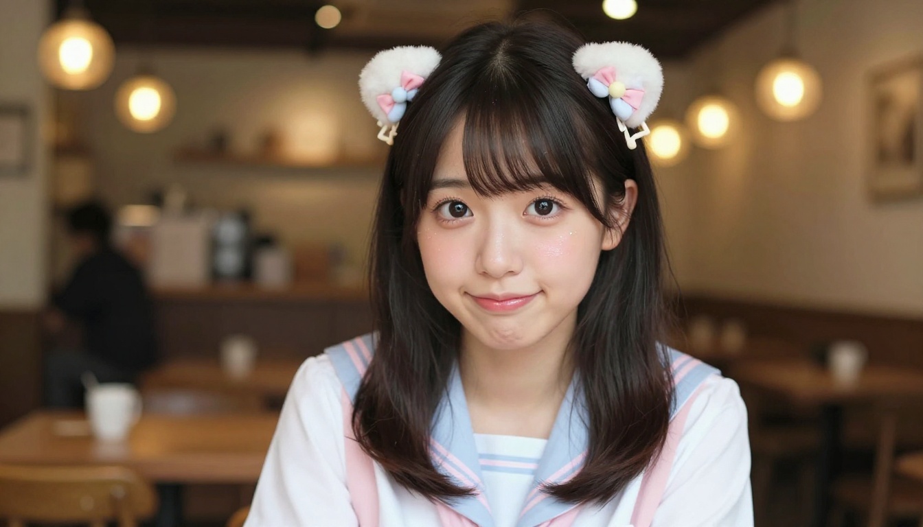 Playful woman in cozy warmly lit Japanese cafe