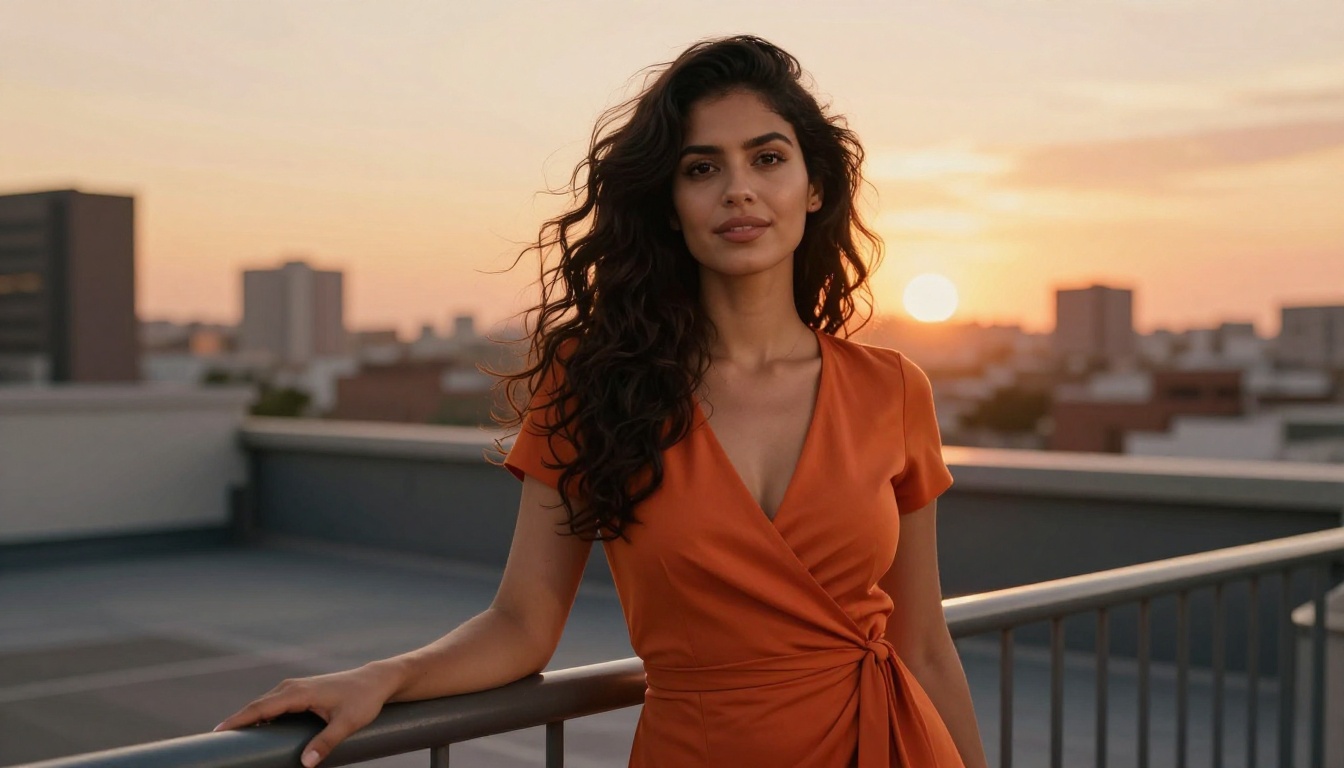 Latina companion at golden hour rooftop