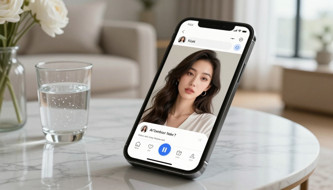 Smartphone displaying AI companion interface on marble table