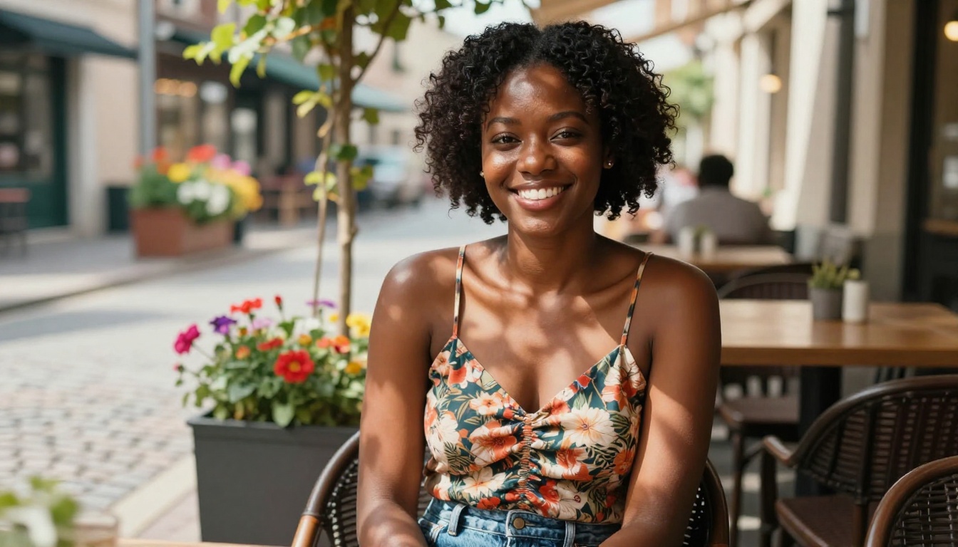 Confident woman at sunny café terrace