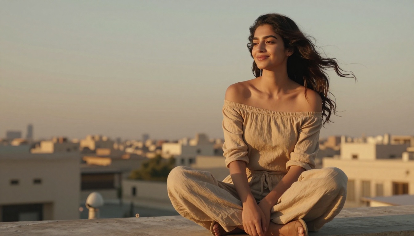 Woman on rooftop in warm golden evening light with city skyline