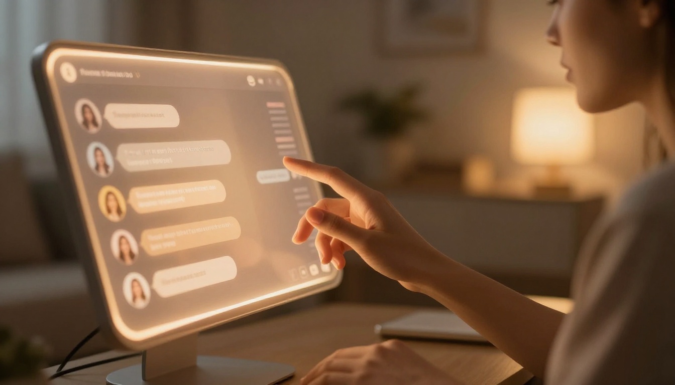 Hand reaching toward glowing AI companion chat interface in dim room