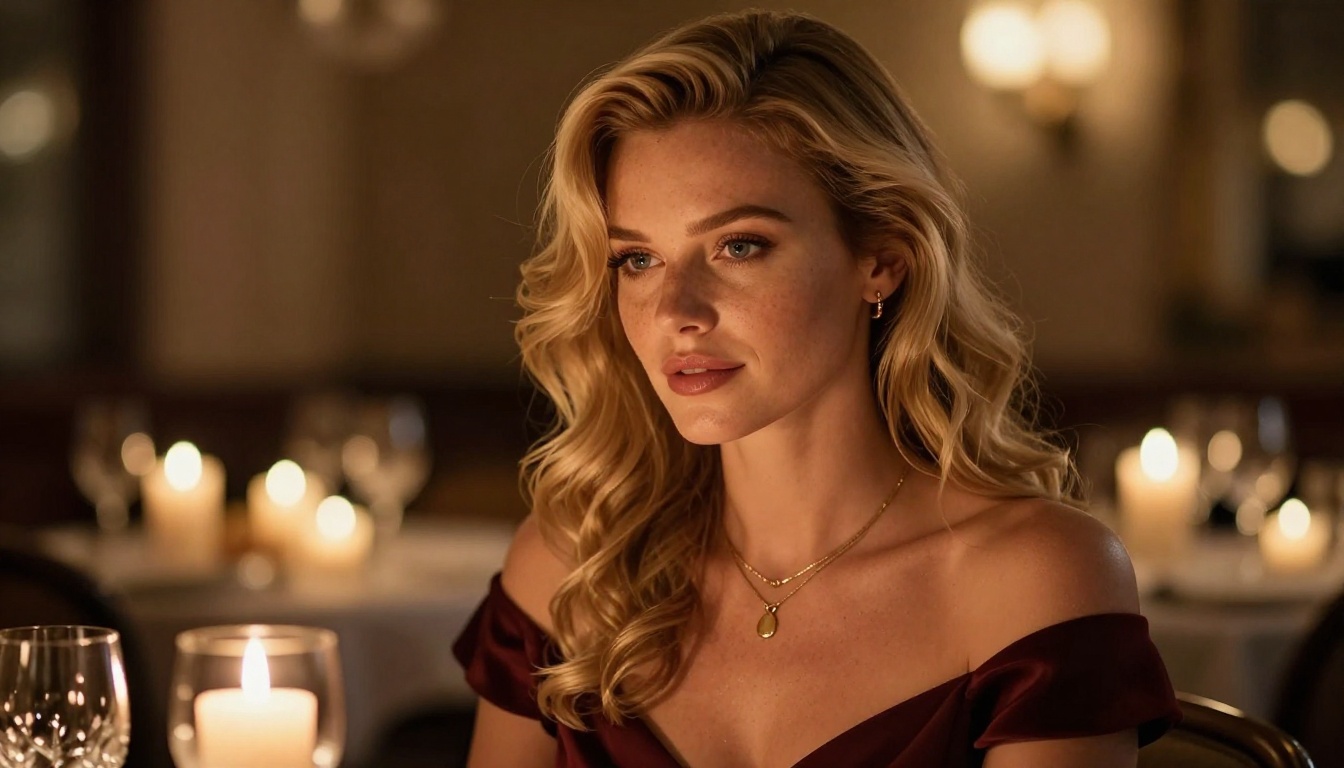 European woman candlelit restaurant romantic cinematic portrait