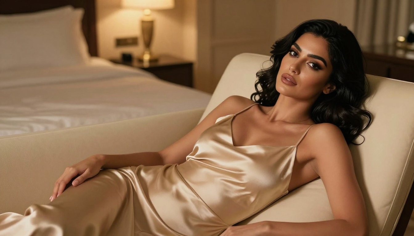 Middle Eastern woman luxury hotel suite champagne elegance